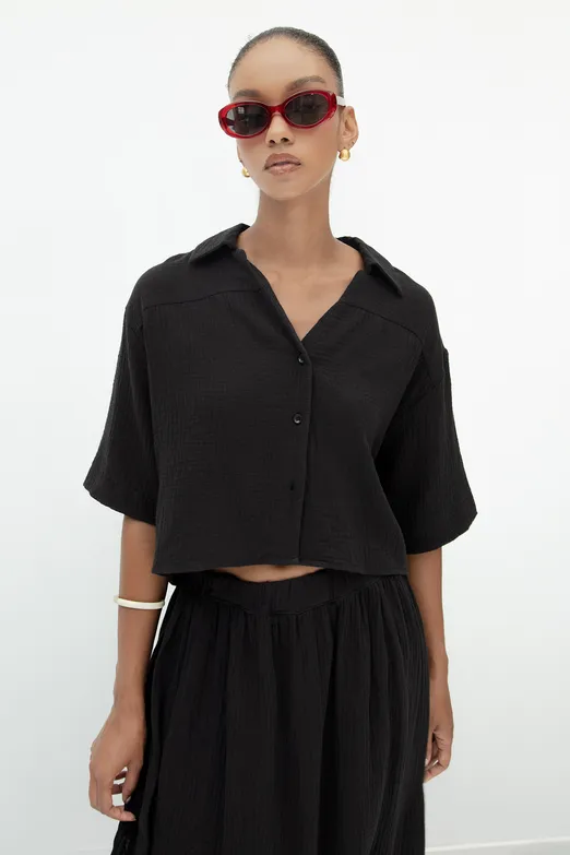 Bayan Siyah Dokulu %100 Cotton Gömlek - BSL