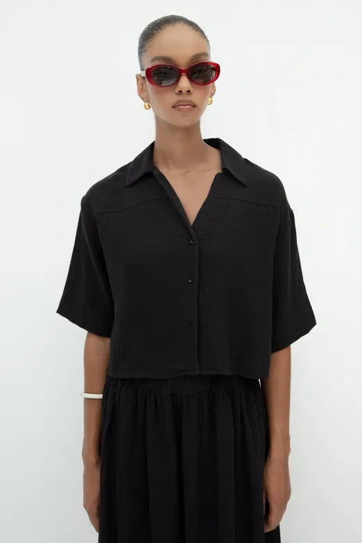 Bayan Siyah Dokulu %100 Cotton Gömlek - BSL