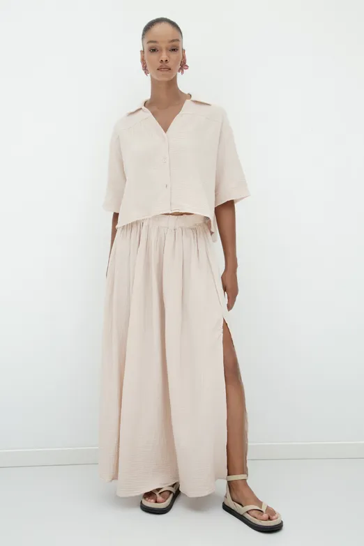 Bayan Bej %100 Cotton Volanlı Yırtmaç Detaylı Midi Etek - BSL