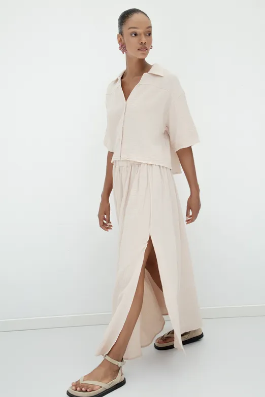 Bayan Bej %100 Cotton Volanlı Yırtmaç Detaylı Midi Etek - BSL