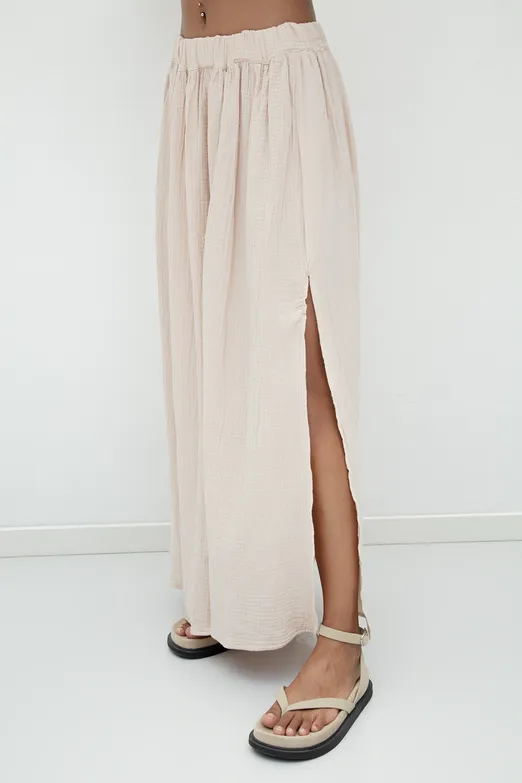 Bayan Bej %100 Cotton Volanlı Yırtmaç Detaylı Midi Etek - BSL