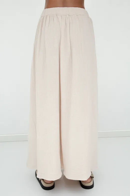 Bayan Bej %100 Cotton Volanlı Yırtmaç Detaylı Midi Etek - BSL