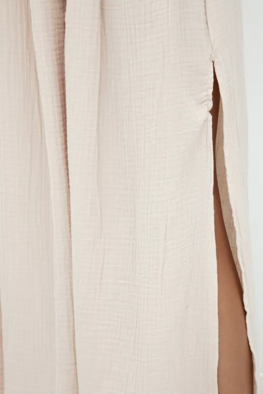 Bayan Bej %100 Cotton Volanlı Yırtmaç Detaylı Midi Etek - BSL