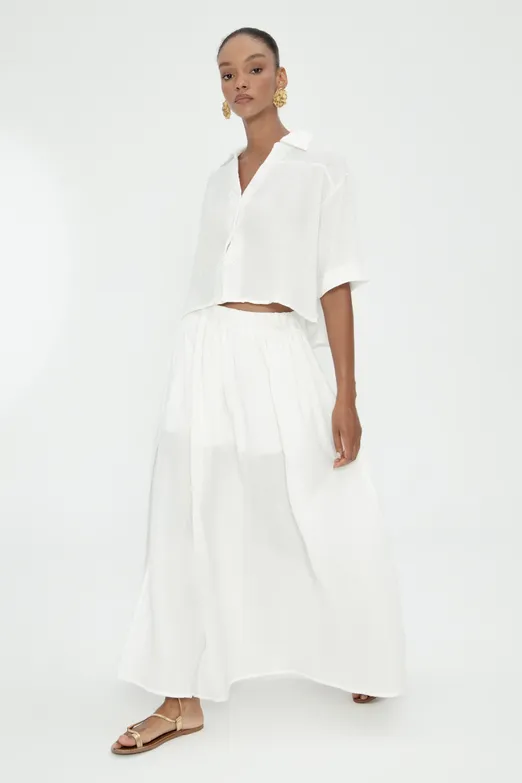 Bayan Beyaz %100 Cotton Volanlı Yırtmaç Detaylı Midi Etek - BSL