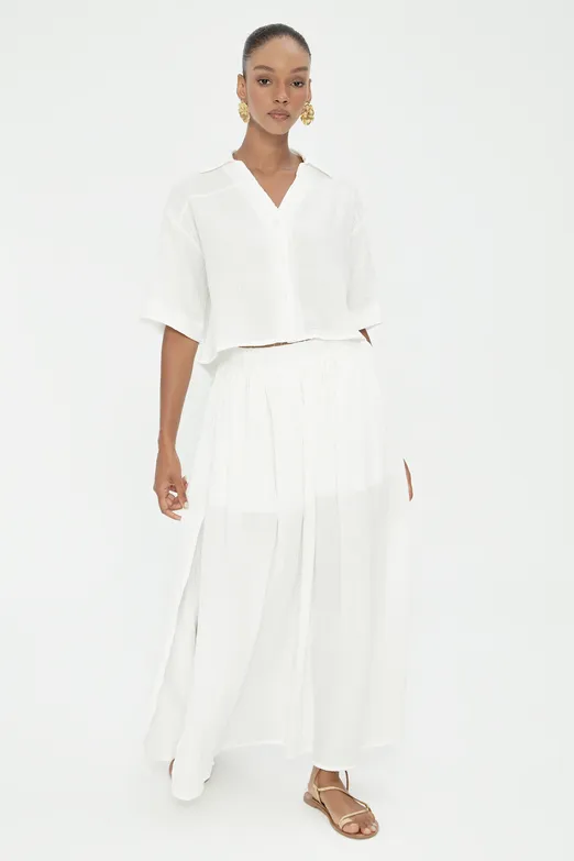 Bayan Beyaz %100 Cotton Volanlı Yırtmaç Detaylı Midi Etek - BSL