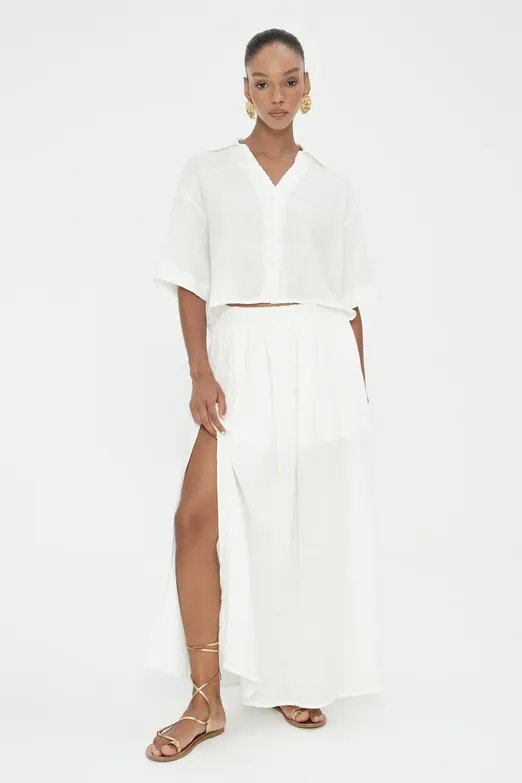 Bayan Beyaz %100 Cotton Volanlı Yırtmaç Detaylı Midi Etek - BSL