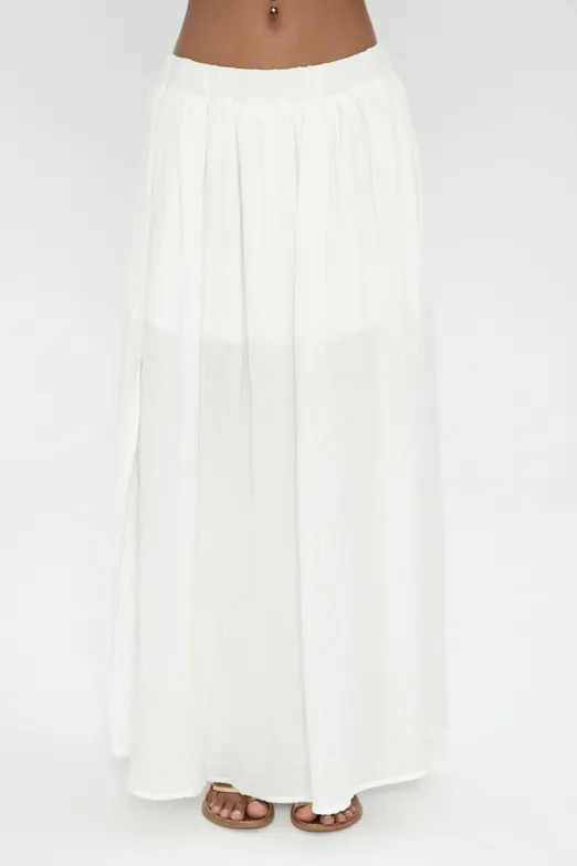 Bayan Beyaz %100 Cotton Volanlı Yırtmaç Detaylı Midi Etek - BSL