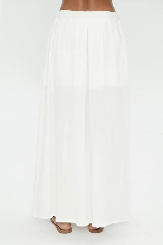 Bayan Beyaz %100 Cotton Volanlı Yırtmaç Detaylı Midi Etek - BSL