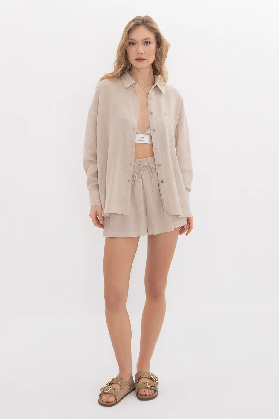 Bayan Bej Keten Karışımlı Oversize Gömlek