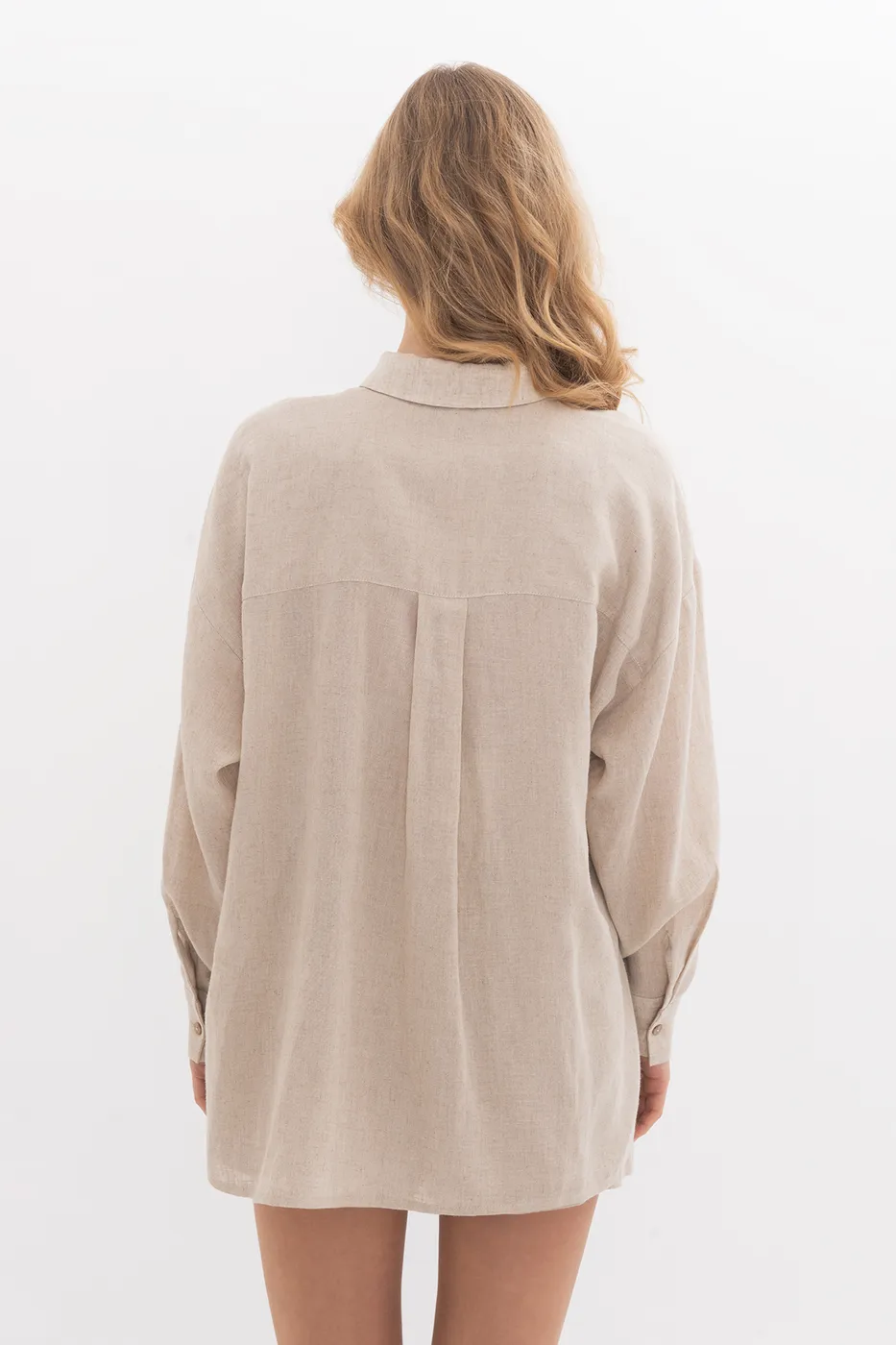 Bayan Bej Keten Karışımlı Oversize Gömlek