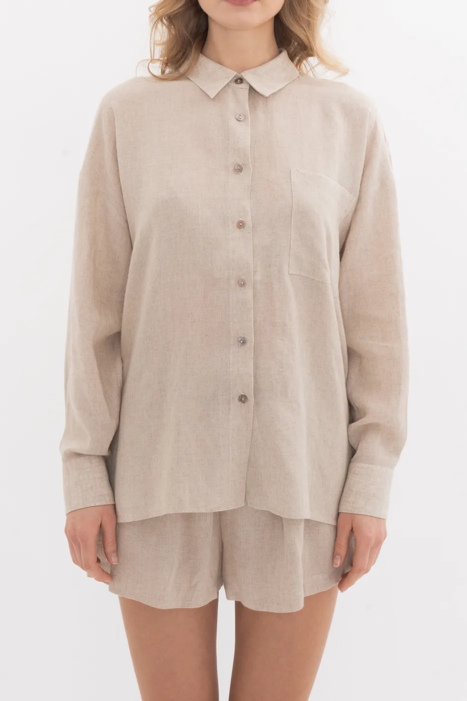 Bayan Bej Keten Karışımlı Oversize Gömlek