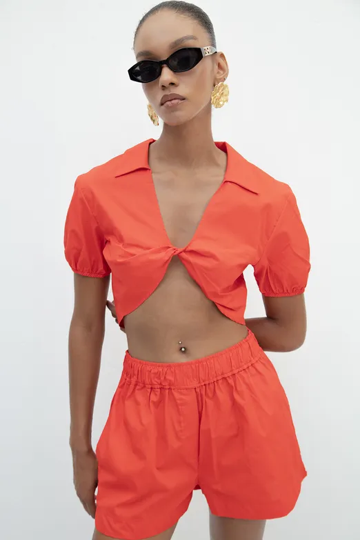 Bayan Kırmızı %100 Cotton Burgulu Crop Bluz - BSL