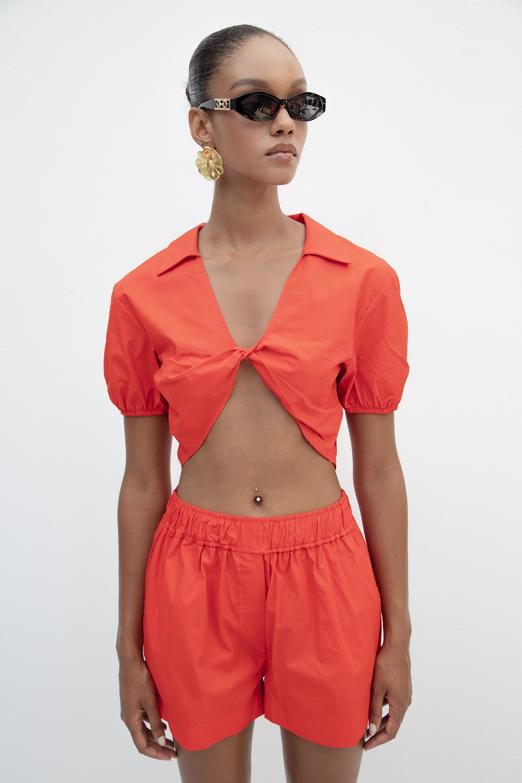 Bayan  %100 Cotton Burgulu Crop Bluz