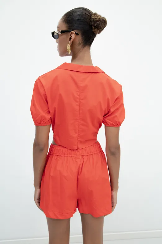 Bayan Kırmızı %100 Cotton Burgulu Crop Bluz - BSL