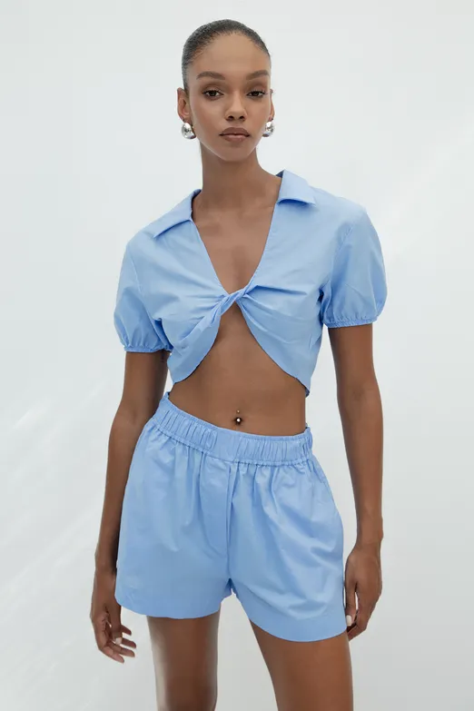 Bayan Mavi %100 Cotton Burgulu Crop Bluz - BSL