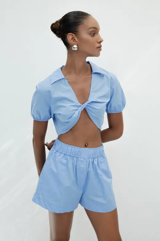 Bayan Mavi %100 Cotton Burgulu Crop Bluz - BSL