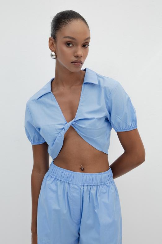 Bayan  %100 Cotton Burgulu Crop Bluz