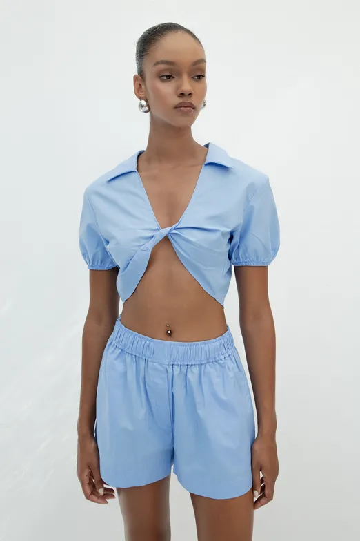 Bayan Mavi %100 Cotton Burgulu Crop Bluz - BSL