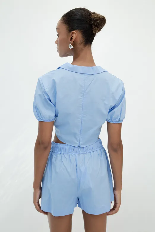 Bayan Mavi %100 Cotton Burgulu Crop Bluz - BSL