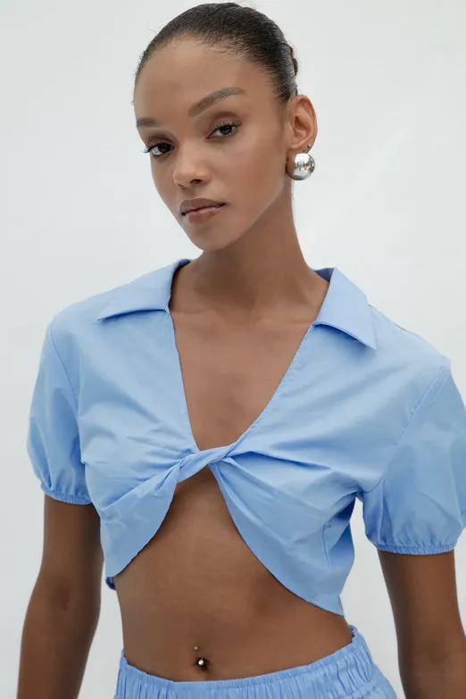 Bayan Mavi %100 Cotton Burgulu Crop Bluz - BSL