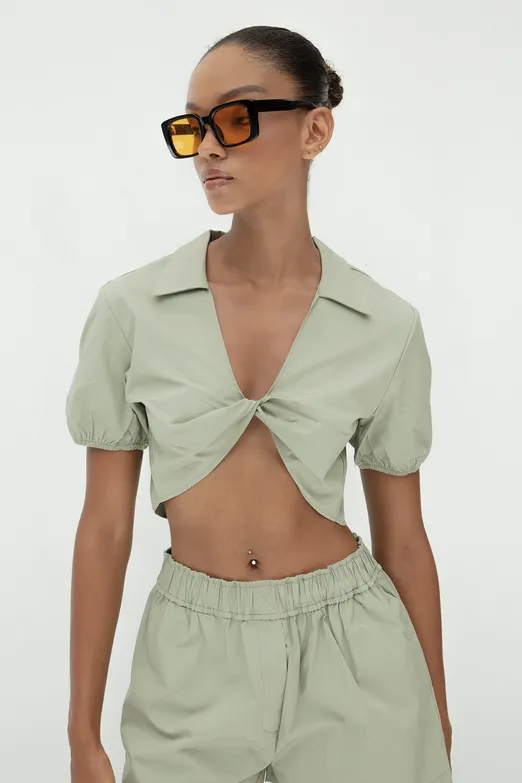 Bayan Haki %100 Cotton Burgulu Crop Bluz - BSL