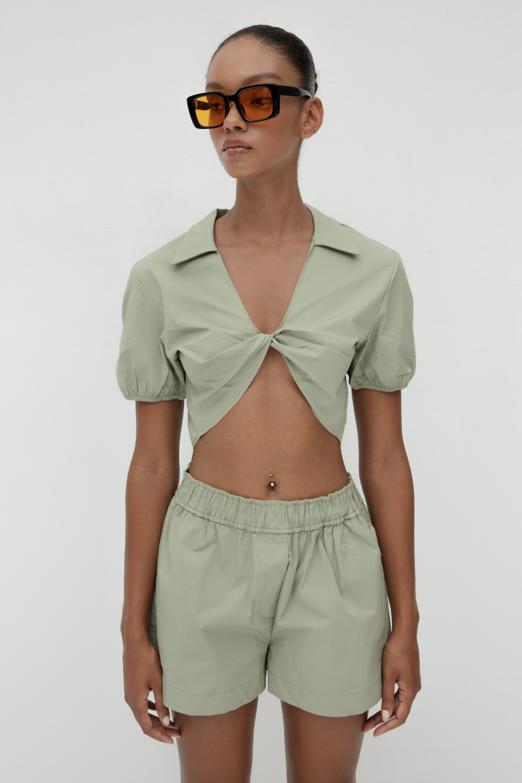 Bayan  %100 Cotton Burgulu Crop Bluz