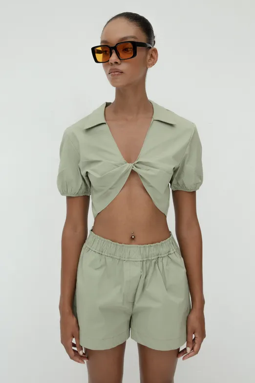 Bayan Haki %100 Cotton Burgulu Crop Bluz - BSL