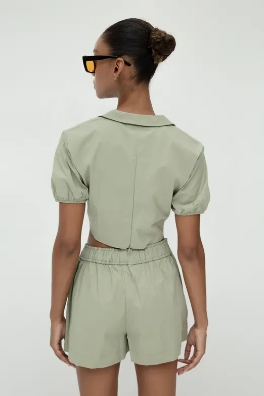 Bayan Haki %100 Cotton Burgulu Crop Bluz - BSL