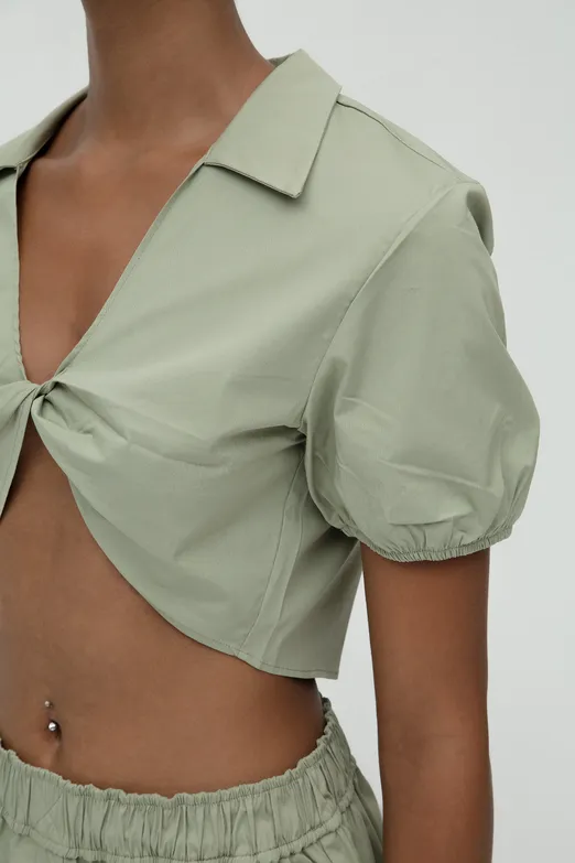 Bayan Haki %100 Cotton Burgulu Crop Bluz - BSL