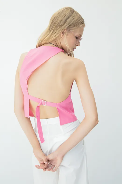 Bayan Pembe Arkası Cut-Out Detaylı Keten Yelek - BSL