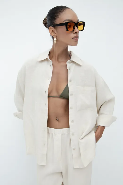 Bayan Bej %100 Keten Oversize Gömlek - BSL