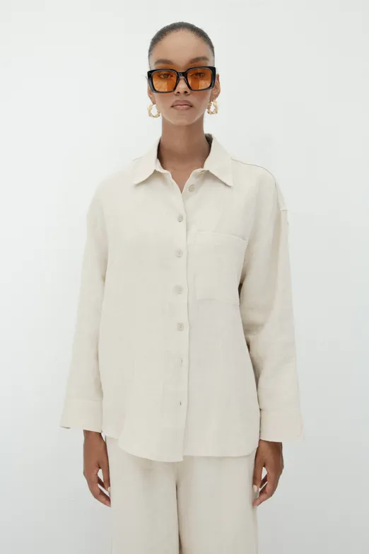 Bayan Bej %100 Keten Oversize Gömlek - BSL
