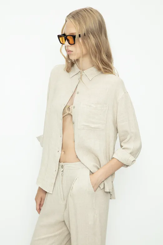 Bayan Bej Keten Gömlek - BSL