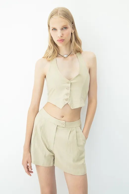 Bayan Bej Keten Fit Crop Yelek - BSL