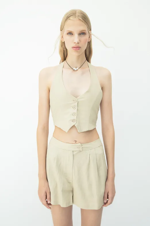 Bayan Bej Keten Fit Crop Yelek - BSL