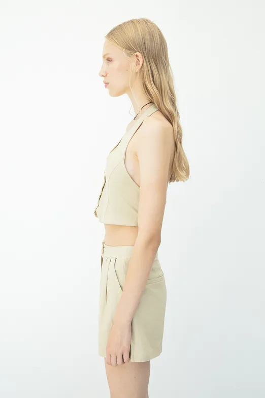 Bayan Bej Keten Fit Crop Yelek - BSL