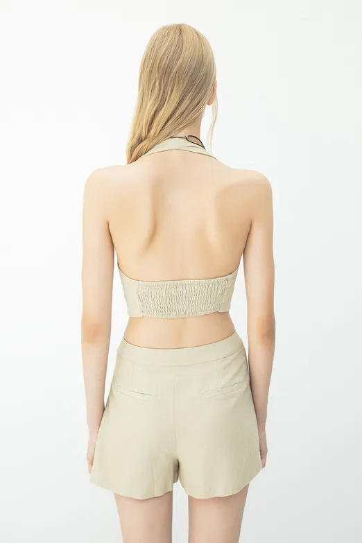 Bayan Bej Keten Fit Crop Yelek - BSL