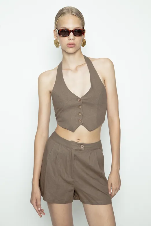 Bayan Kahverengi Keten Fit Crop Yelek - BSL