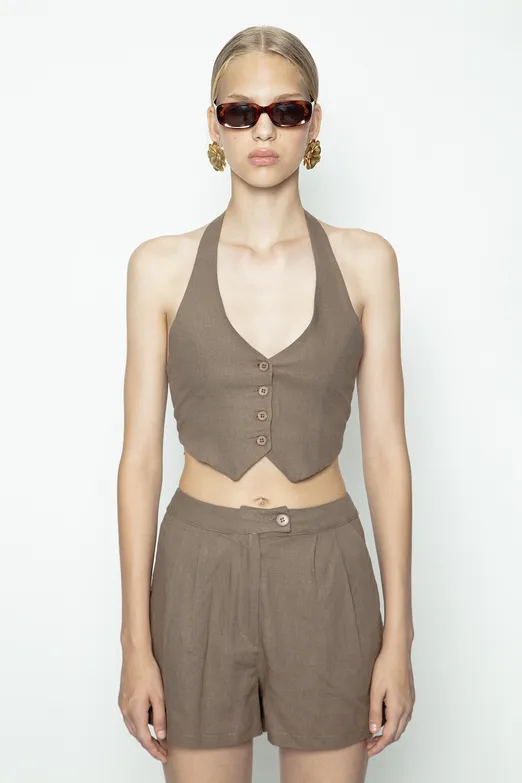 Bayan Kahverengi Keten Fit Crop Yelek - BSL