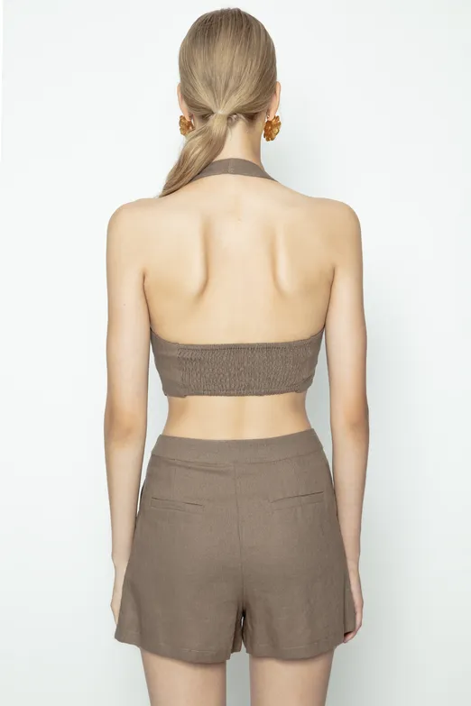 Bayan Kahverengi Keten Fit Crop Yelek - BSL