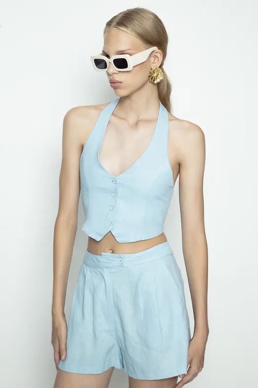 Bayan Mavi Keten Fit Crop Yelek - BSL