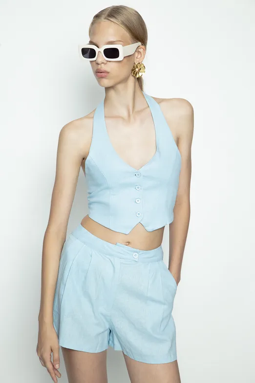 Bayan Mavi Keten Fit Crop Yelek - BSL