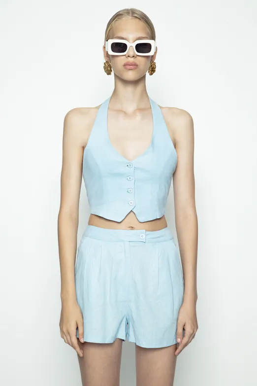 Bayan Mavi Keten Fit Crop Yelek - BSL