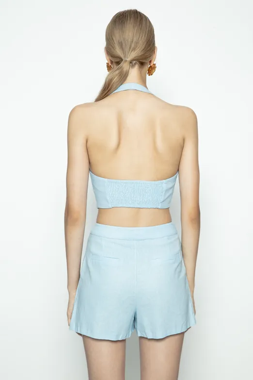 Bayan Mavi Keten Fit Crop Yelek - BSL