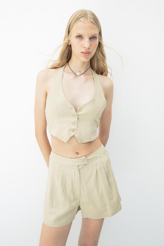 Bayan  Pileli Keten Mini Şort