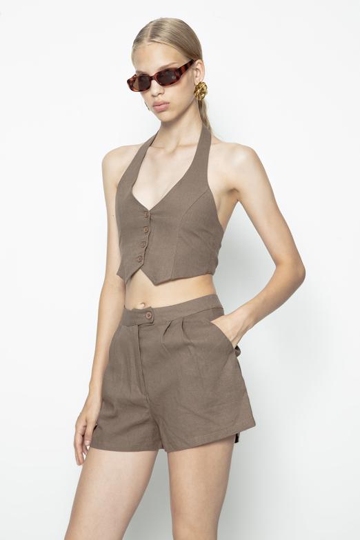 Bayan  Pileli Keten Mini Şort