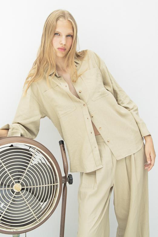 Bayan  Keten Karışımlı Oversize Gömlek