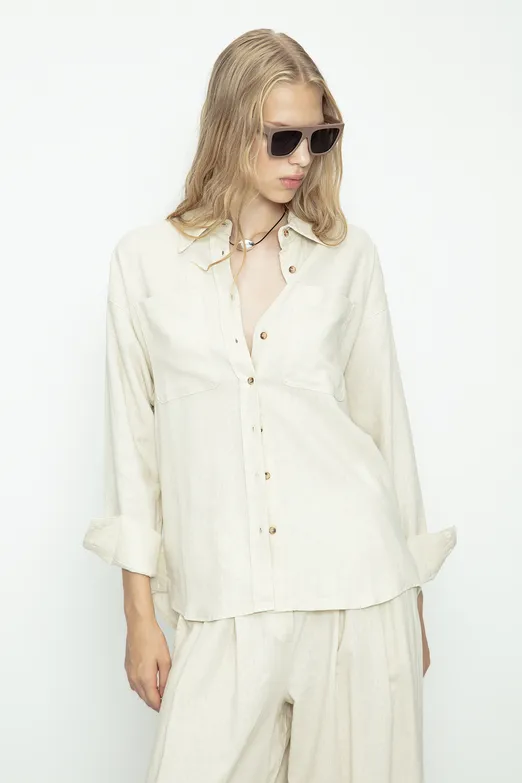 Bayan Ekru Keten Karışımlı Oversize Gömlek - BSL