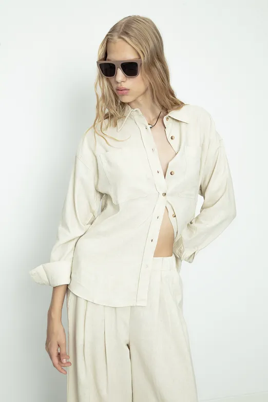Bayan Ekru Keten Karışımlı Oversize Gömlek - BSL
