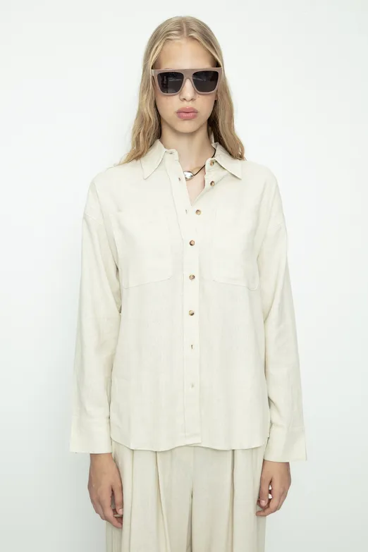 Bayan Ekru Keten Karışımlı Oversize Gömlek - BSL
